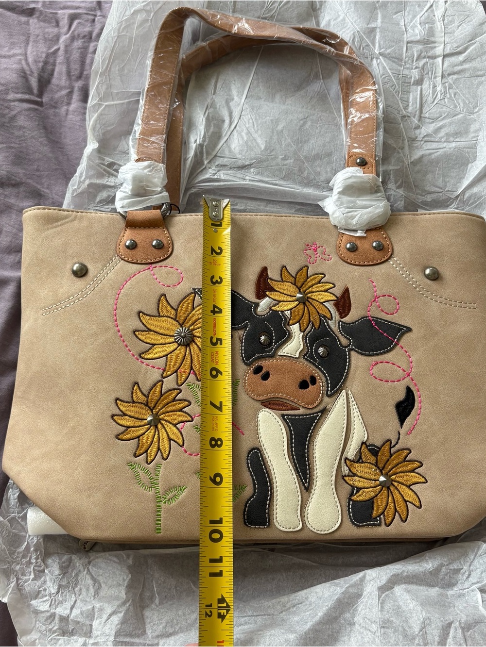 NWT Montana West Tote Purse Cow Embroidered Flower Brown Cream Faux Leather Bag - Picture 13 of 16